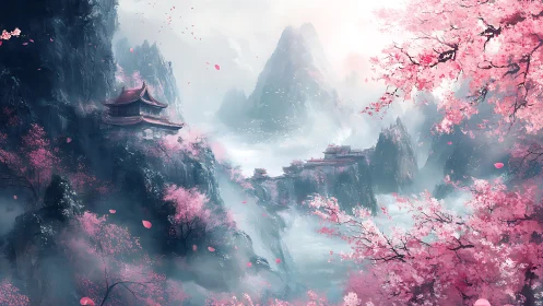 Mist-shrouded mountain temples framed by dense sakura blossom gradients