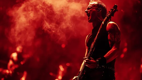 Red backlit rock bassist exhaling vapor on atmospheric stage