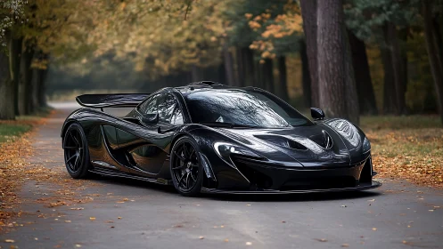 Black carbon hypercar on forest road during autumn light.