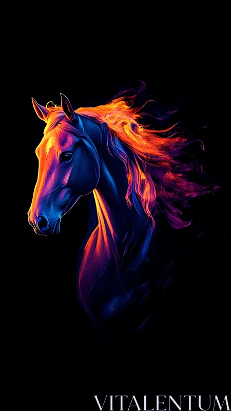 Neon-gradient equine portrait with flowing incandescent mane