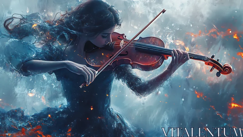 Woman plays violin within swirling blue and orange energy