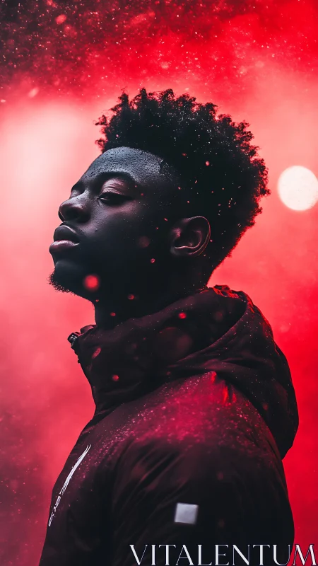 Moody portrait in glowing red mist and softly drifting light.