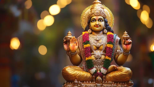 Golden Hindu deity statue glows against blurred festive lights
