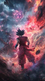 Cosmic warrior strides into a storm of swirling nebula fire