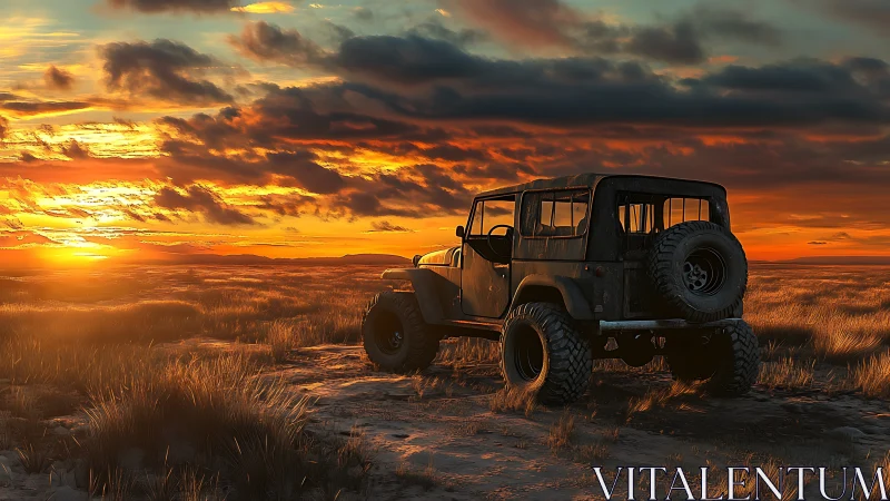 Off-road jeep silhouetted against blazing sunset horizon.