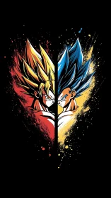 Split-screen illustration of two stylized warriors in profile.