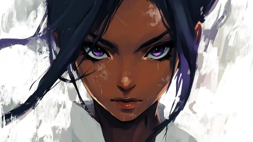 Fierce purple-eyed heroine in bold digital portrait.