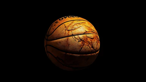 Textured basketball under raking light with high contrast shading.