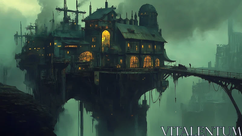 Fogbound steampunk cliff city with glowing bridge windows.