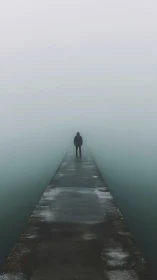 Solitary figure on fog-occluded pier in linear perspective field.