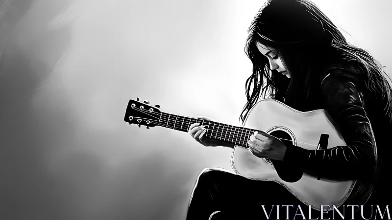 Quiet guitar moment captures a soulful player in grayscale