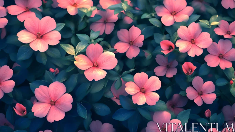 Pink Floral Garden Blooms Against Deep Teal Foliage Backdrop.