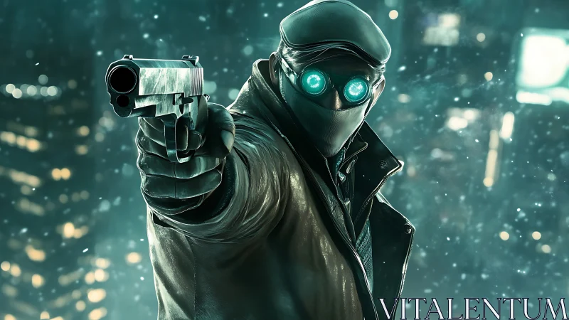 Masked cybernetic gunman aims directly at viewer in snowfall