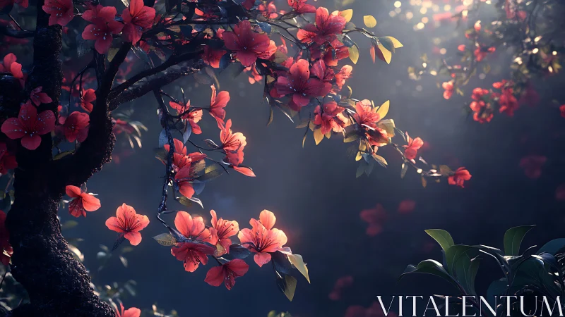 Volumetric lighting illuminates blooming cherry branches with deep shadow depth.