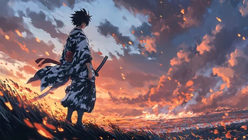 Stormlit swordsman watching embers drift across dusk skies.