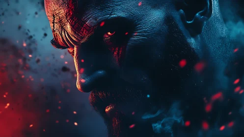 Brooding warrior face emerges through blue smoke and embers