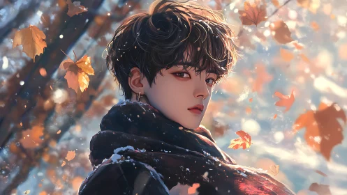 Digital painting portrait in autumnal snowfall atmosphere.
