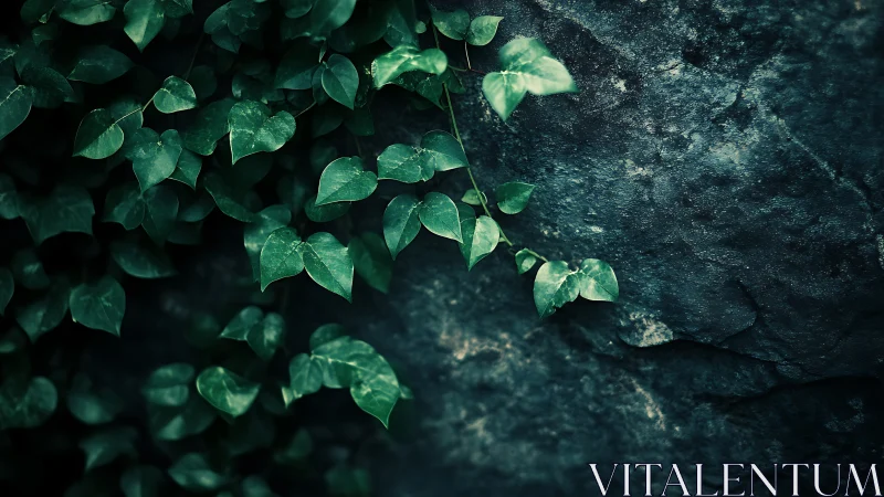 Moody shallow depth of field study of vine leaves against rock