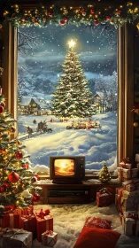 Layered yuletide scene with snowfield tree and retro CRT glow.