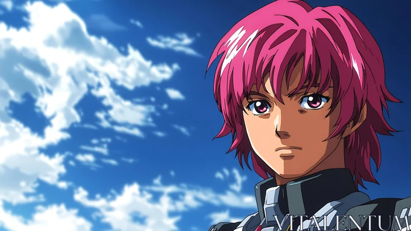 Pink haired anime pilot stands under bright blue sky.