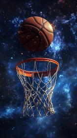 Basketball rising toward hoop against vivid galaxy backdrop.