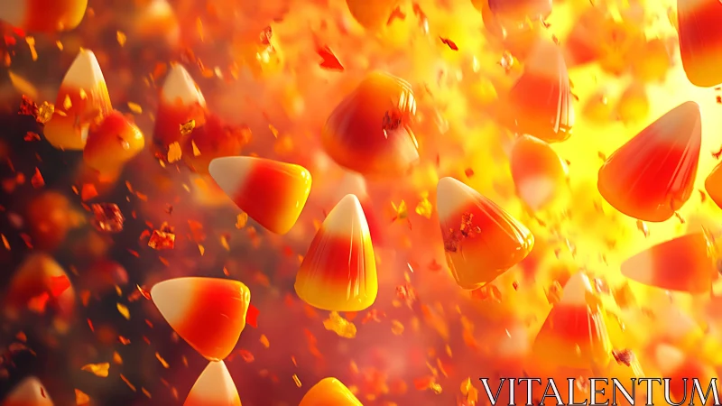 Luminous Candy Corn Explosion with Fiery Gradient Background.