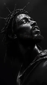 Profile view depicts crowned male figure in high contrast light