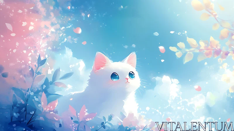 White Cat's Dreamy Sky Journey Among Floating Petals.