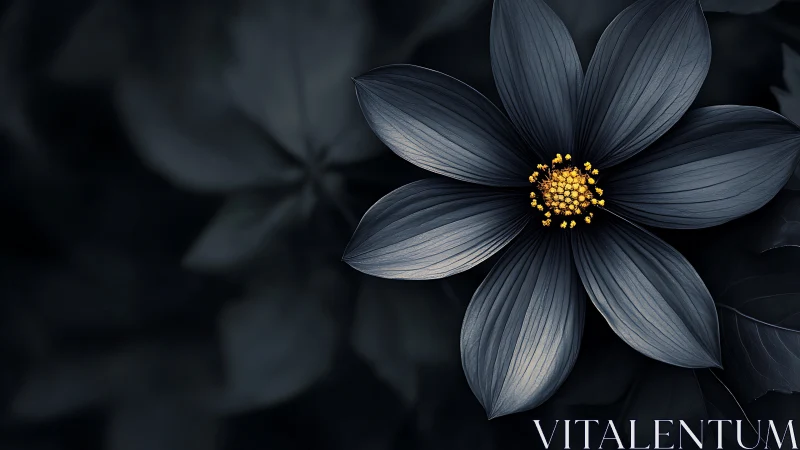 Dark bloom with golden stamens against shadowed foliage.