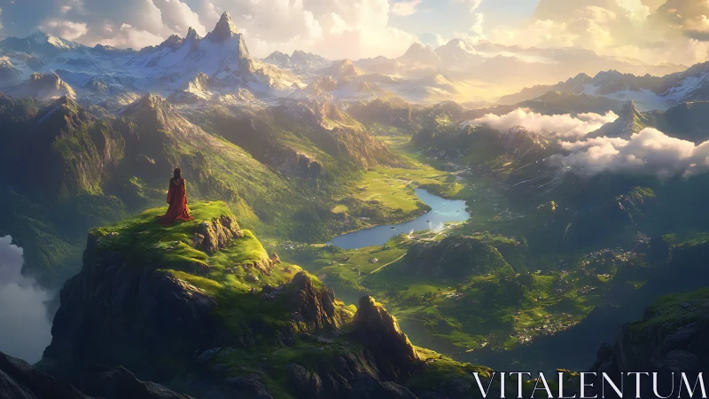 Figure overlooking vast sunlit fantasy mountain valley.