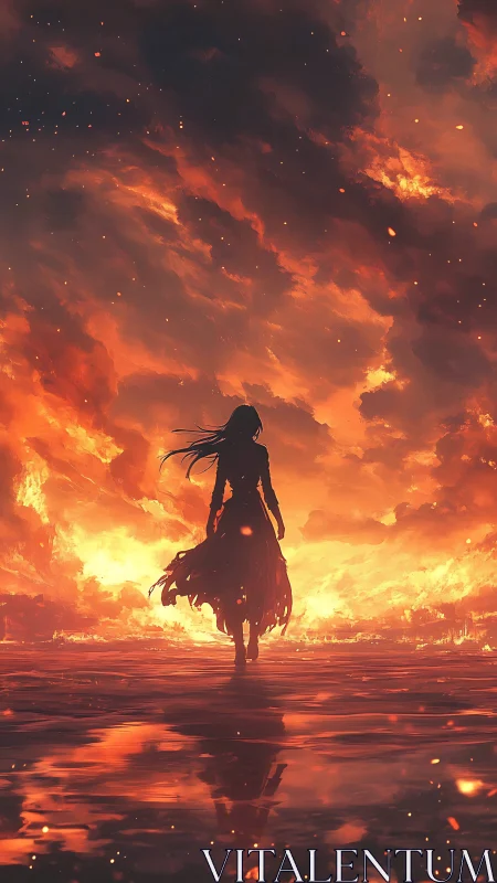 Silhouetted figure strides through reflective firestorm horizon glow