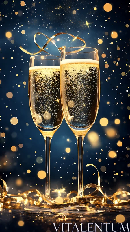 Sparkling champagne flutes glow amid golden festive lights