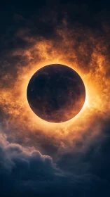 Solar eclipse with illuminated corona and cloud foreground.