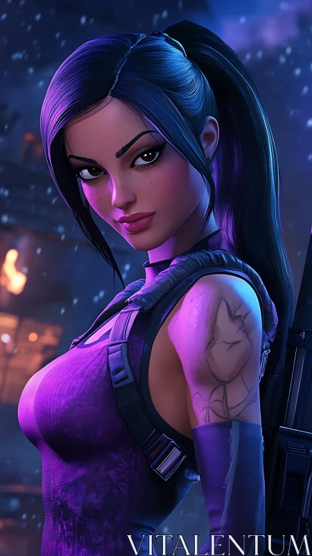 Neon vigilante with violet armor eyes the stormy skyline.