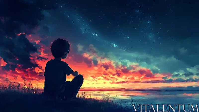 Stargazing child adrift between flaming dusk and quiet night.