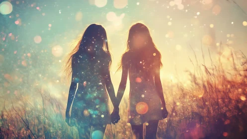 Backlit sisters walk through glowing cosmic meadow sunset