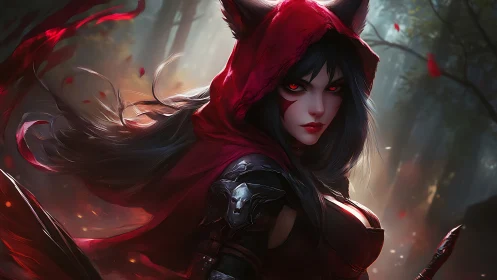 Dark forest huntress in red hood with glowing eyes.