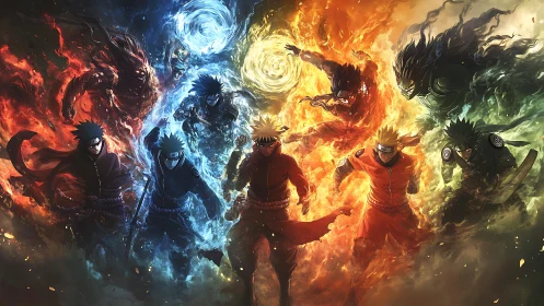 Elemental warriors clash in swirling fire, water and storm