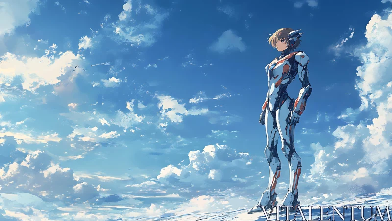Armored anime pilot surveying sunlit cloudscape horizon