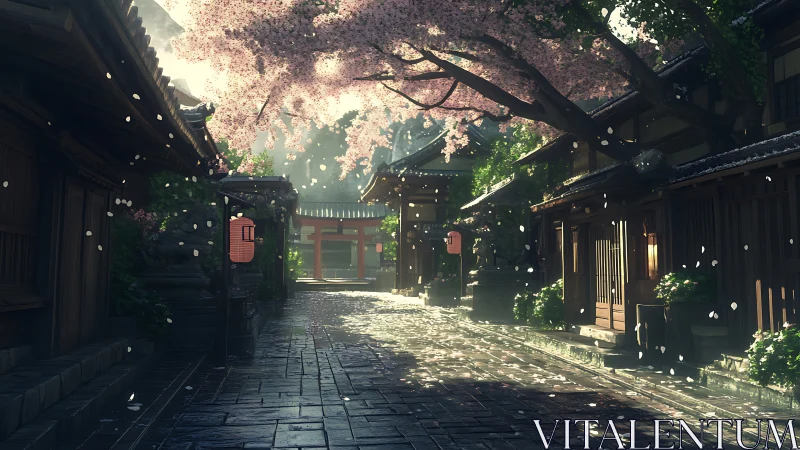 Cherry blossoms drift over a tranquil old Japanese street