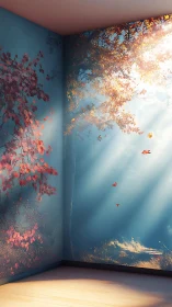 Sunlit forest portal blooms inside a quiet cornered room.