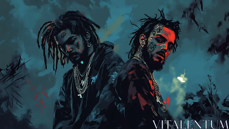 Moody urban duo with tattoos in teal and crimson haze