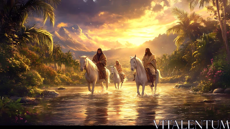 Riders on white horses traverse a luminous tropical river at dusk