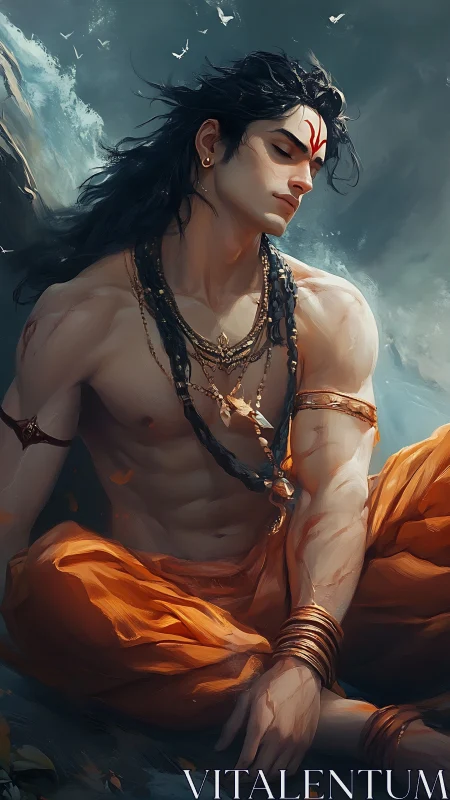 Meditative warrior rests in stormlit coastal serenity