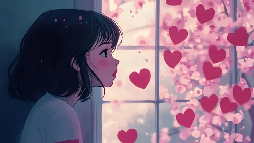 Soft-hearted daydreamer gazes through a drifting blush of love.