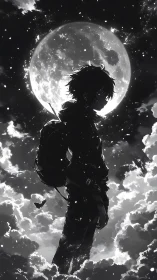 Moonlit traveler standing softly between clouds and stars.