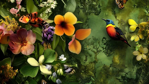 Highly saturated tropical flora and bird rendered in detailed digital painting