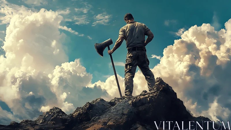 Lone mountain warrior grips axe beneath towering storm clouds.