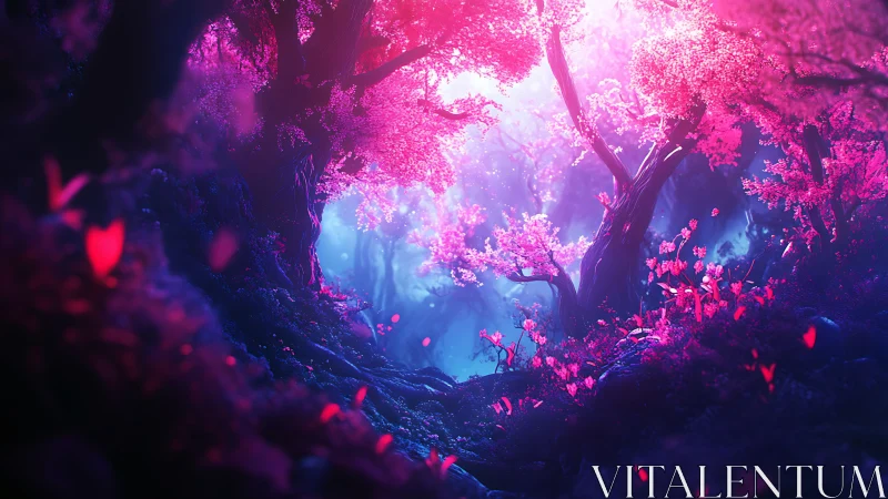 Luminous pink fantasy forest under ethereal blue glow.