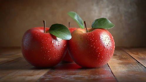 Fresh dewy red apples resting on a rustic wooden table.
